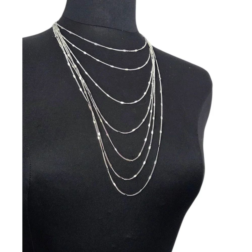Silver Tone Multi-strand 7 Strand Chain Layered Draped Long Necklace
